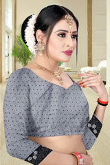 grey lycra blend  saree with diamond  blouse