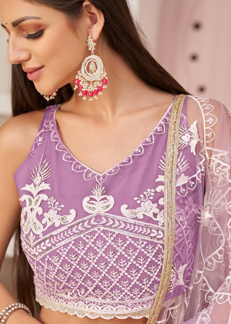 purple embroidery work floral lehenga choli with dupatta for women