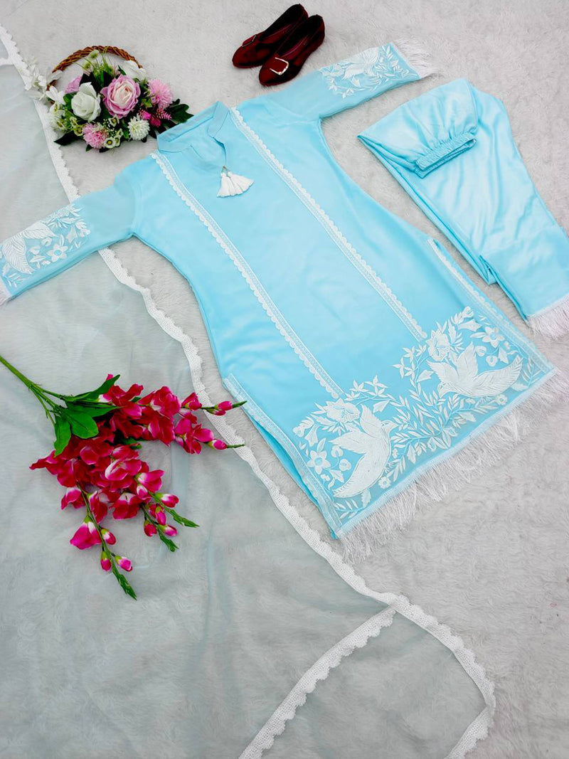 Sky Blue New Heavy Faux Georgette With Heavy Embroidery Work Chudidar Pent Plazo