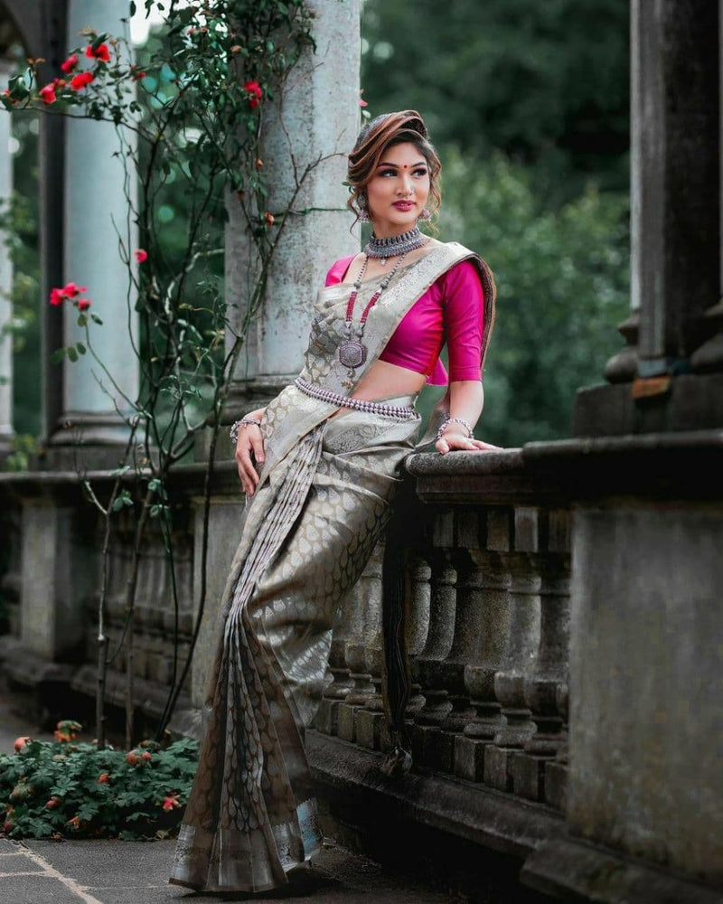 Women's Grey Color Soft Lichi Silk Saree For Wedding Wear