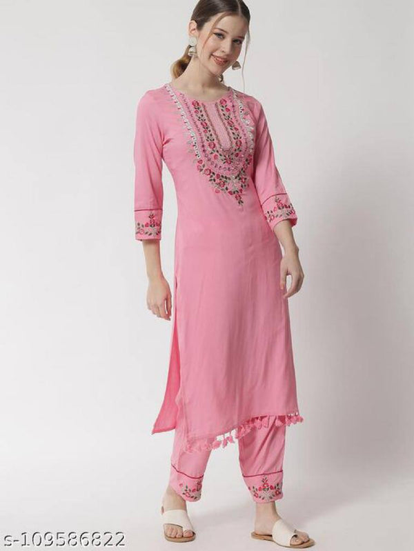 Pink Rayon Embroidery Work Kurta Set With Dupatta