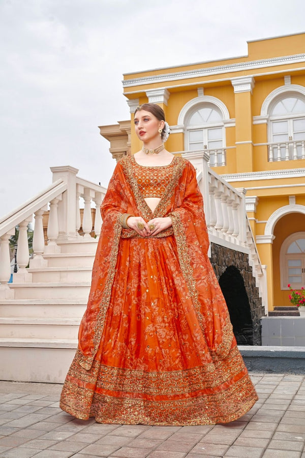 Orange Organza Embroidery Sequence Work Lehenga Choli With Dupatta