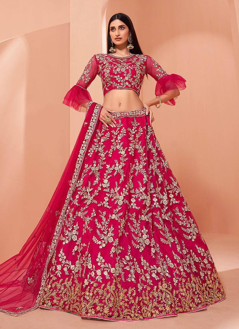 pink net embroidery designer work bridal lehenga choli for women's