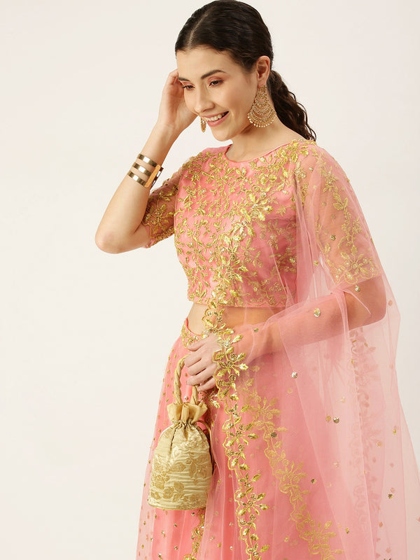 light pink net  fancy thread work lehenga choli for women's