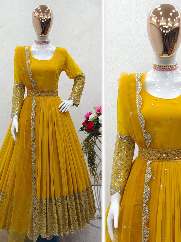 Yellow Georgette With Sequence  Long Gown For Women