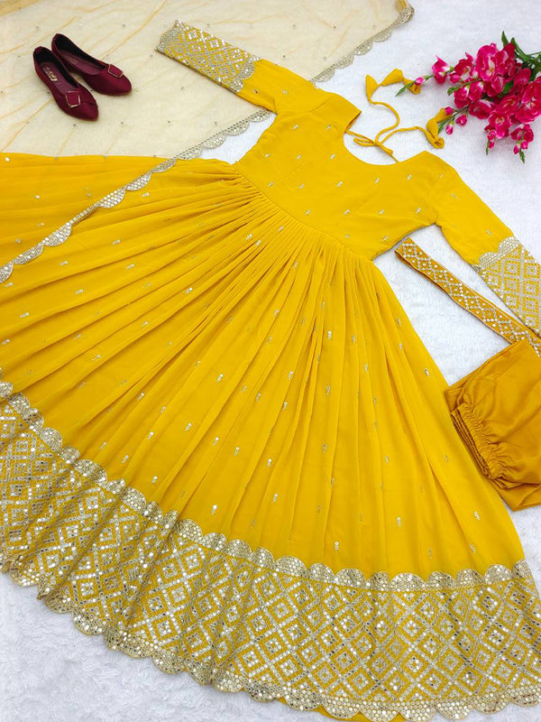 Yellow Georgette With Sequence  Long Gown For Women