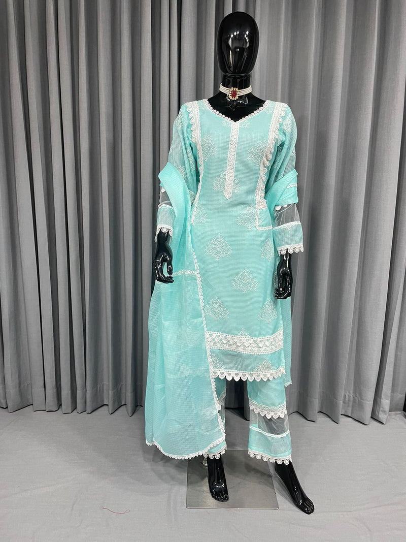 Sky Blue Kota Chex Embroidery With Lace Work Long  Dress For Women