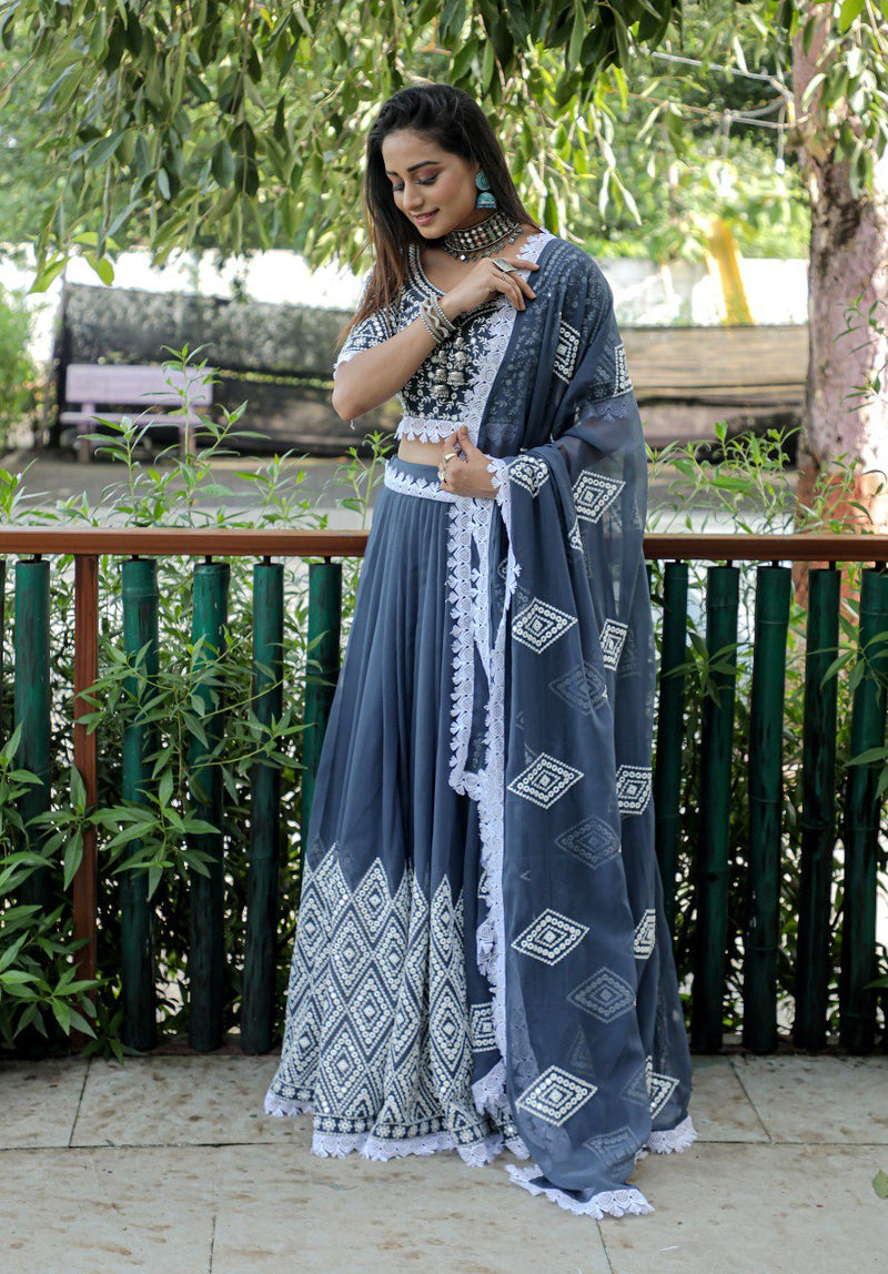 Grey Designer Georgette Embroidery Sequence Work Lehenga Choli With Dupatta