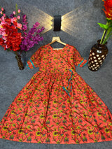 Red Orange Embroidered Cotton Digital Print Work Gown