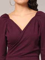 maroon  cotton v neck women's regular fit dress