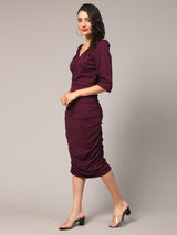 maroon  cotton v neck women's regular fit dress