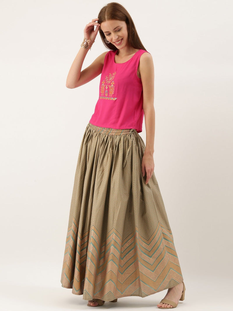 pink & golden embroidered top with skirt
