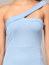 Sky Blue Designer Cotton One Side Neck Women's Regular Fit Dress