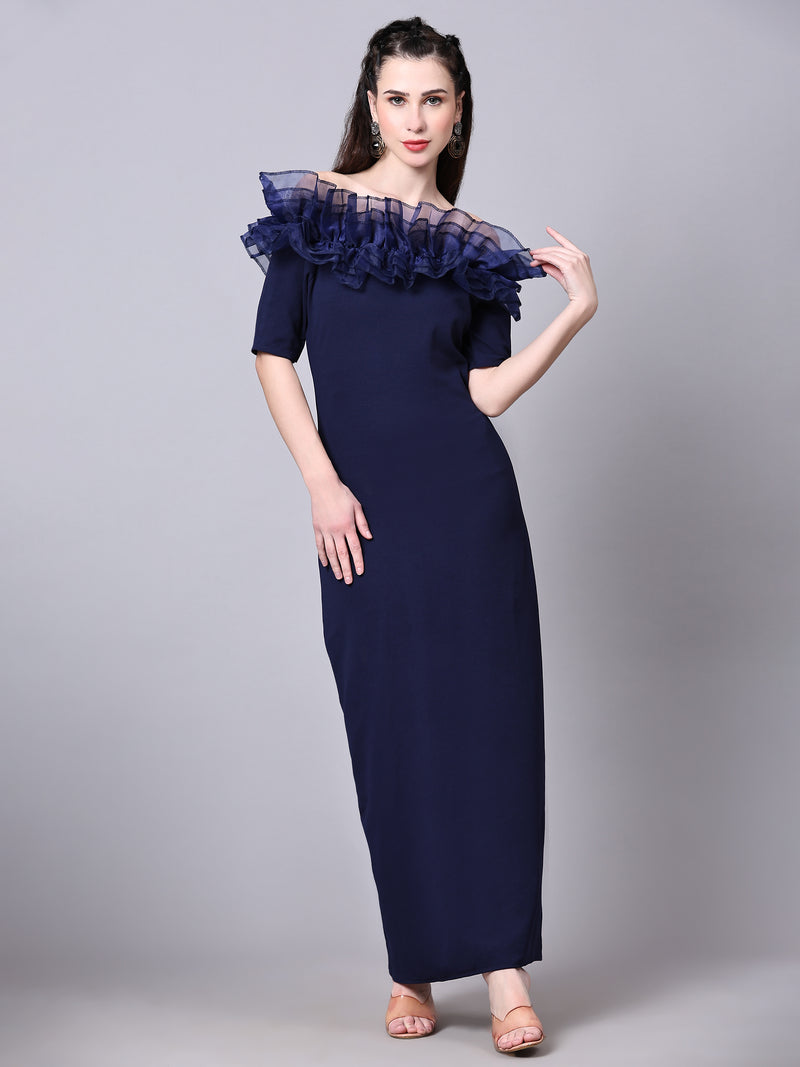 Navy Blue Designer Cotton Off Solder  Women's Regular Fit Dress