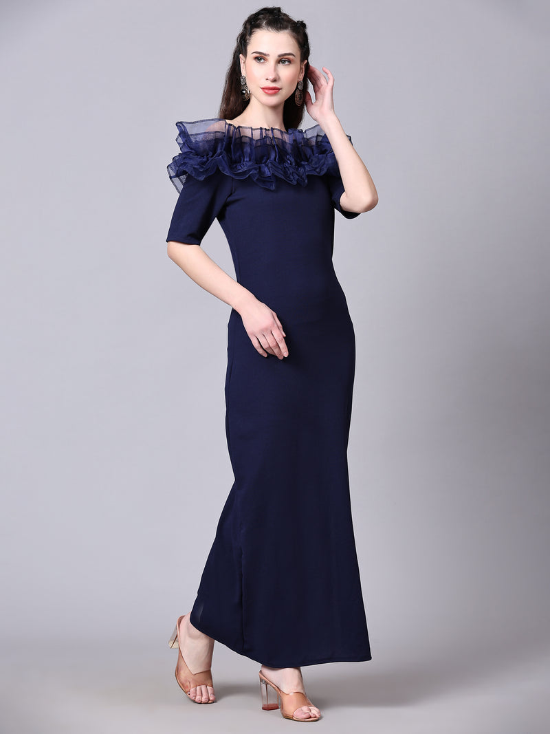 Navy Blue Designer Cotton Off Solder  Women's Regular Fit Dress