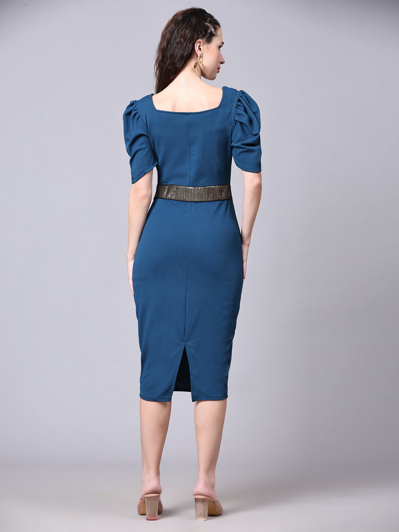 blue designer cotton v neck women's regular fit dress