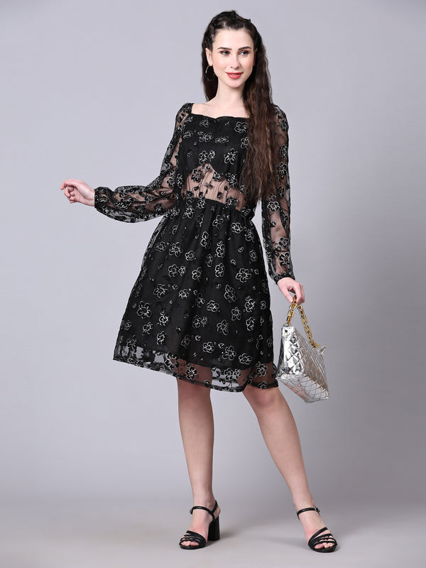 black designer flower cotton round  neck women's regular fit dress