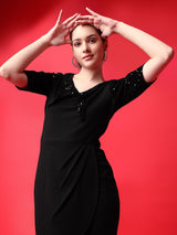 black designer cotton v neck women's regular fit dress