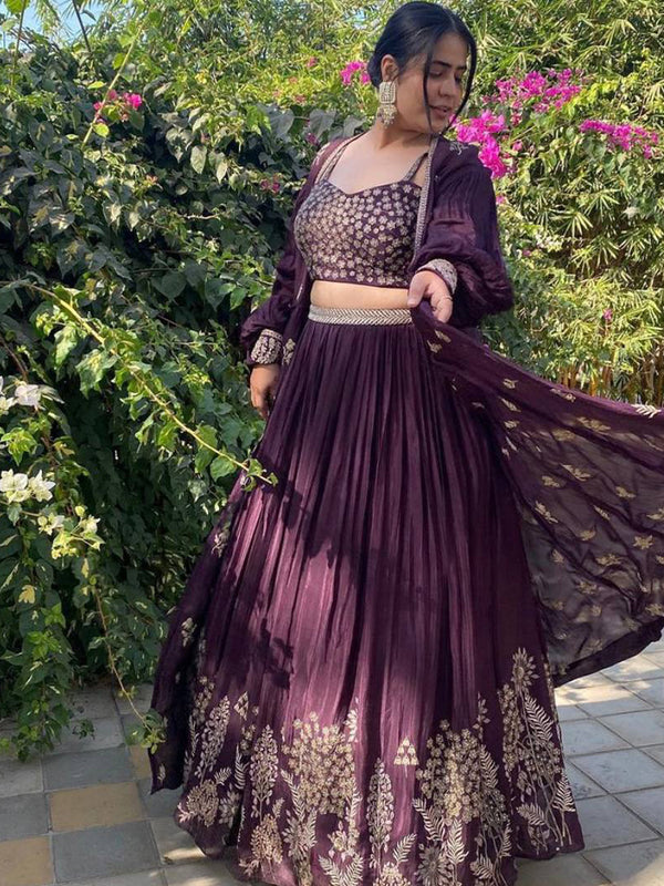 Wine Georgette Sequence Work Lehenga Choli With Dupatta