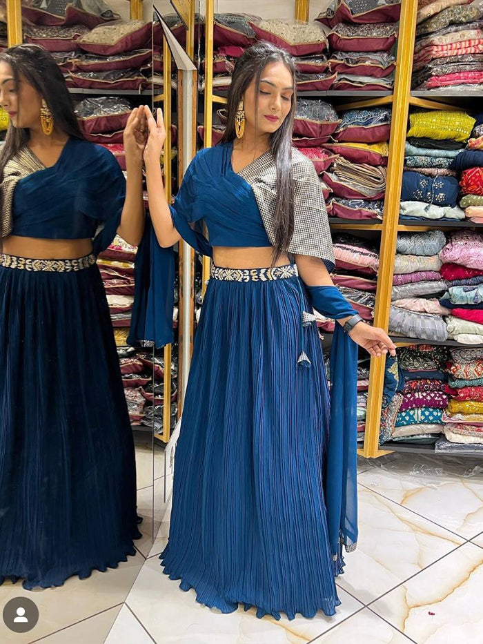 New designer party wear look blue colored lehenga choli.