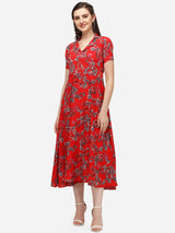 Red Designer Cotton Round Neck Women's Regular  Dress
