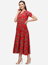 Red Designer Cotton Round Neck Women's Regular  Dress