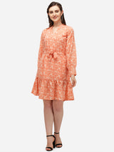 orange designer cotton round neck women's regular  dress