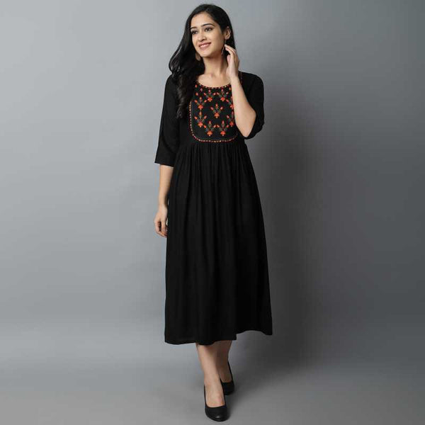 Black Rayon Kurti With Embroidery Work