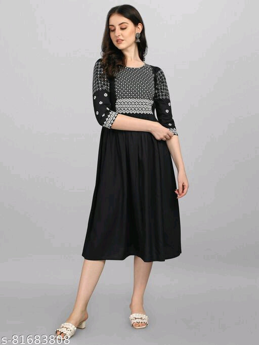 Black Rayon Half Sleeve Kurti With Embroidery Work