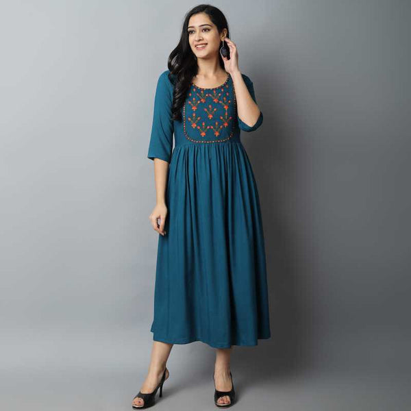 Blue Rayon Half Sleeve Kurti With Embroidery Work