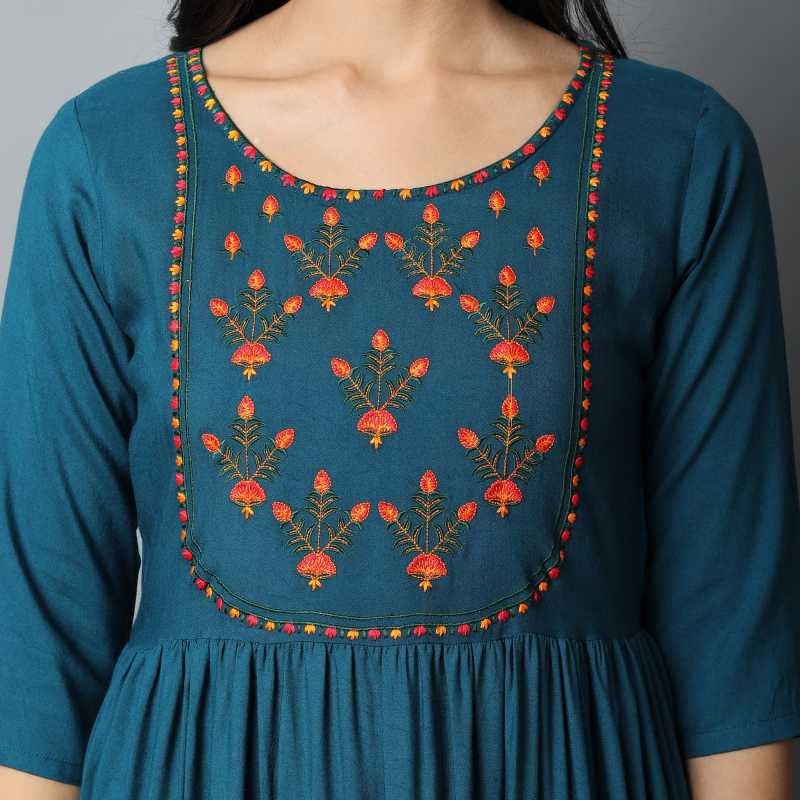Blue Rayon Half Sleeve Kurti With Embroidery Work