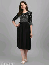 Black Rayon Half Sleeve Kurti With Embroidery Work