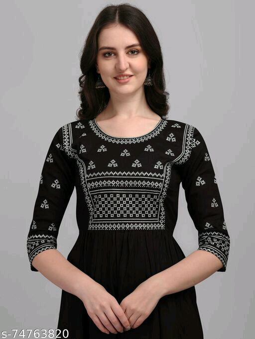 Black Rayon Half Sleeve Kurti With Embroidery Work