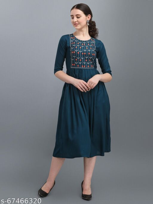 Blue Rayon Embroidery Work Kurti