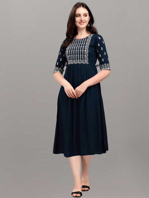 Blue Rayon Half Sleeve Kurti With Embroidery Work