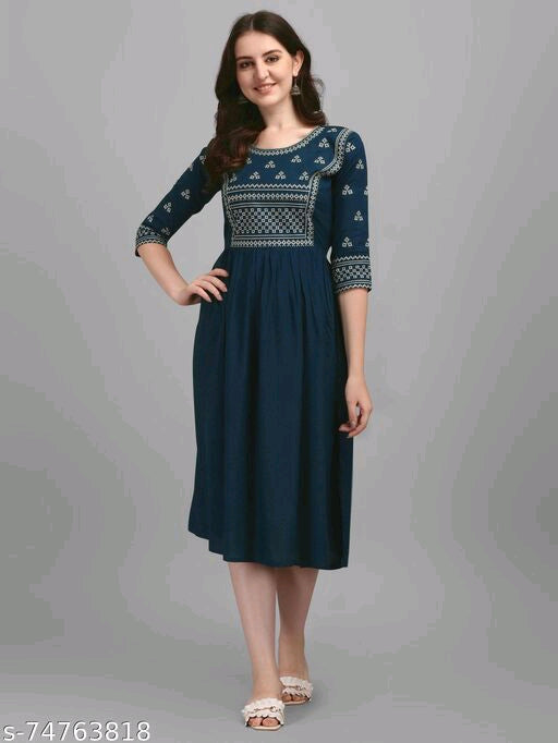 Blue Embroidery Work Rayon Half Sleeve Kurti