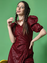 maroon designer cotton v neck women's regular fit dress