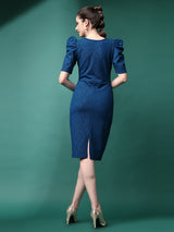 blue designer cotton round neck women's regular fit dress