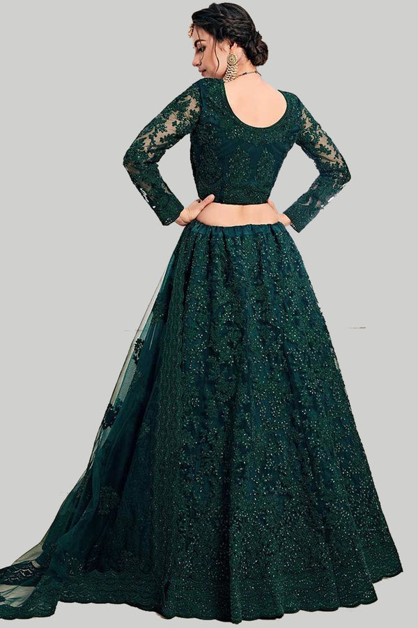 green designer net embroidery work lehenga choli for women