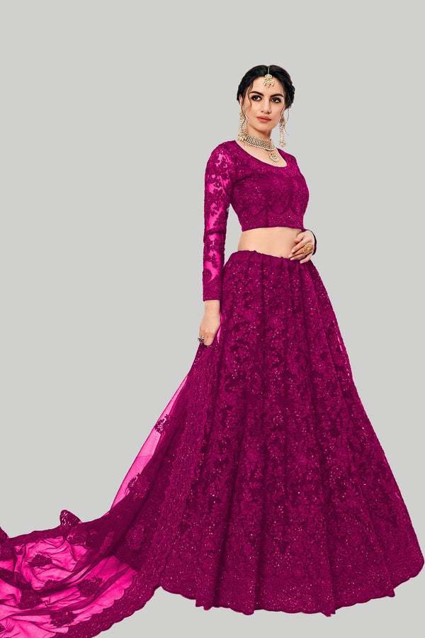 pink designer net embroidery work lehenga choli for women