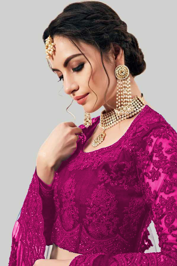pink designer net embroidery work lehenga choli for women