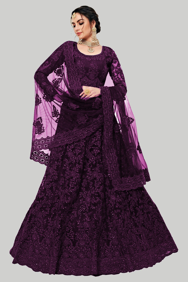 Wine Designer Net Embroidery Work Lehenga Choli For Women