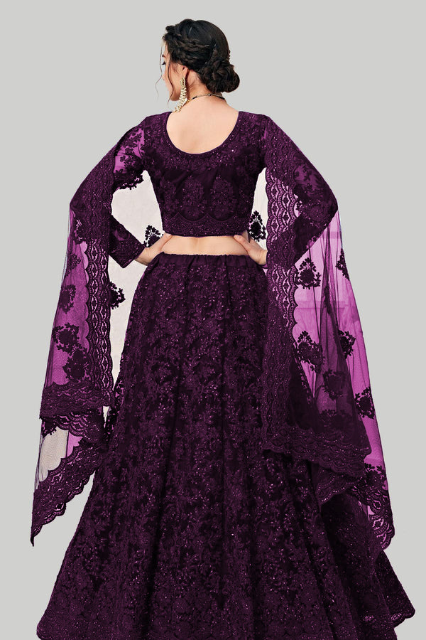 Wine Designer Net Embroidery Work Lehenga Choli For Women