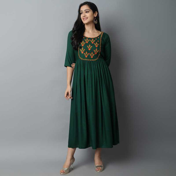 Green Rayon Embroidery Work Kurti