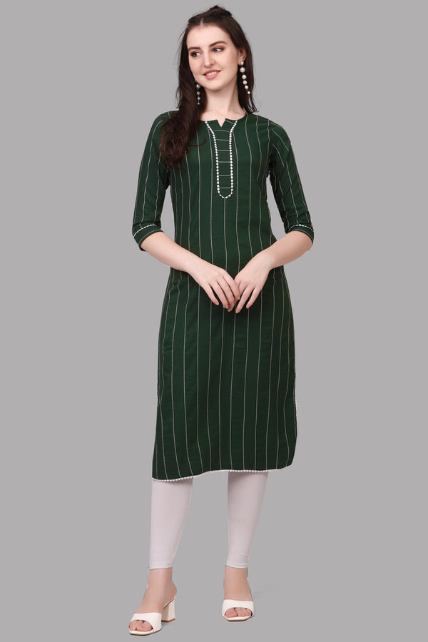 Green Cotton Half Sleeve Kurti With Embroidery Work