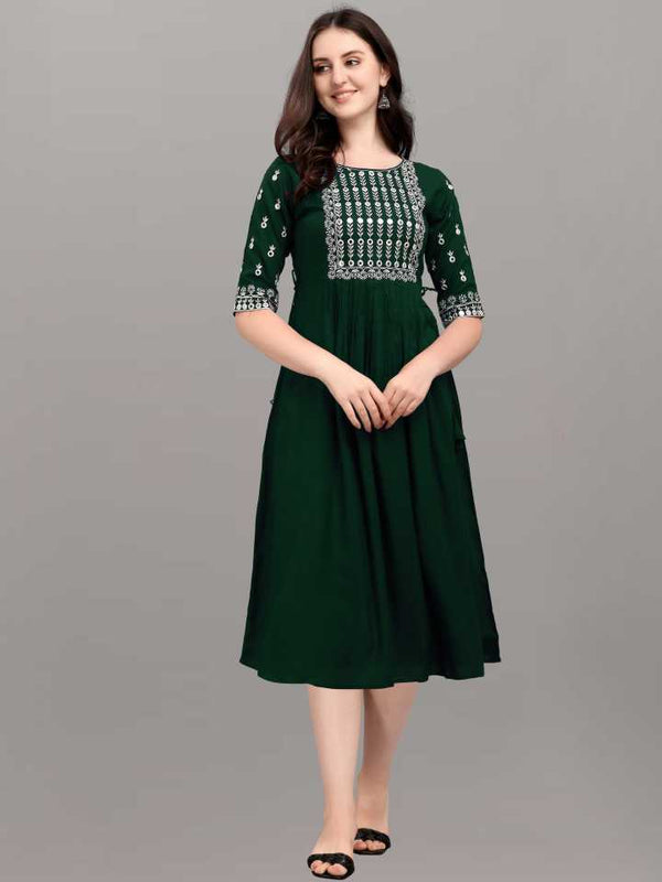 Green Rayon Half Sleeve Kurti With Embroidery Work