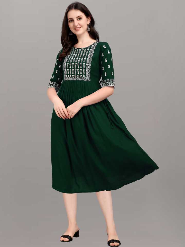 Green Rayon Half Sleeve Kurti With Embroidery Work