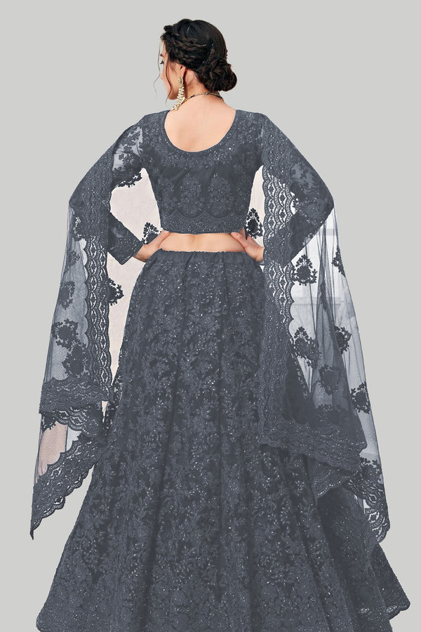 grey designer trendy and fancy net embroidery work lehenga choli for women