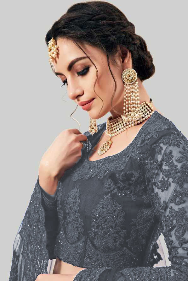 grey designer trendy and fancy net embroidery work lehenga choli for women