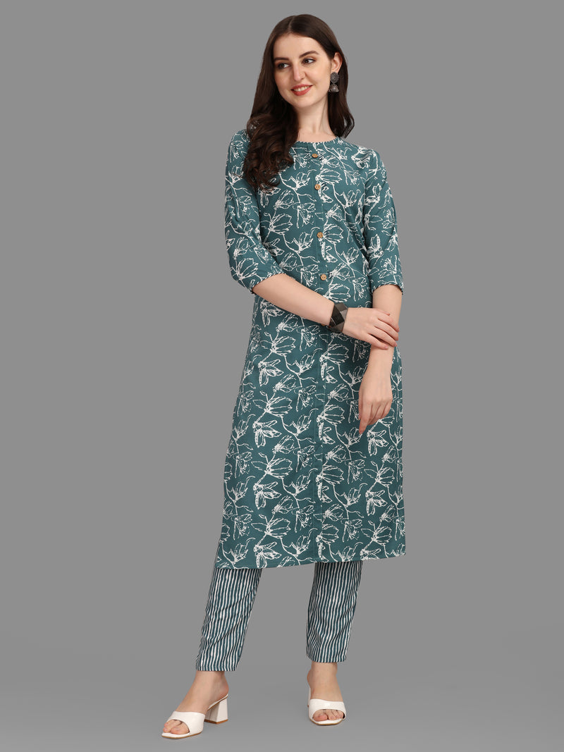 Women's Olive Color Cotton Kurti With Pant
